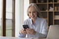 Smiling middle-aged businesswoman using smartphone seated at workplace Royalty Free Stock Photo