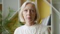 Smiling middle aged mature grey haired woman looking at camera, happy old lady posing at home indoor Royalty Free Stock Photo