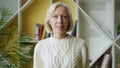 Smiling middle aged mature grey haired woman looking at camera, happy old lady posing at home indoor Royalty Free Stock Photo