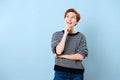 Smiling middle aged woman with short ginger hair immersed in a fantasy Royalty Free Stock Photo