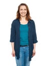 Smiling middle aged woman wearing blue cardigan Royalty Free Stock Photo