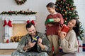 smiling military man with son and