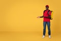 Smiling millennial african american guy courier in uniform with big backpack point hads at empty space Royalty Free Stock Photo