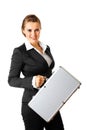 Smiling modern business woman holding suitcase Royalty Free Stock Photo