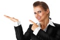 Smiling modern business woman pointing finger on e Royalty Free Stock Photo