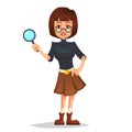 Smiling modern detective woman character with magnifying glass. Vector flat cartoon illustration Royalty Free Stock Photo