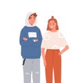 Smiling modern teenagers pair vector flat illustration. Happy trendy young guy and girl standing together isolated on