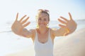 Smiling woman in beachwear at beach having fun time Royalty Free Stock Photo