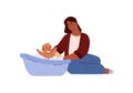 Smiling mom bathes happy baby in basin flat style, vector illustration Royalty Free Stock Photo