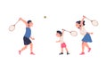 Smiling mom, dad and their son playing tennis together. Happy family training with rackets on court cartoon vector Royalty Free Stock Photo