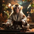 Smiling monkey pupil karate master doing yoga and meditation