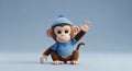 Smiling Monkey Waving Hand Wearing Blue Clothes on Light Blue Background Royalty Free Stock Photo