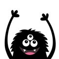 Smiling monster head silhouette. Thtee eyes, teeth, tongue, fluffy hair, hands up. Black Funny Cute cartoon character. Baby collec