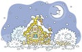 Small wooden house on a moonlit winter night Royalty Free Stock Photo