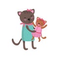 Smiling mother cat holding her little kitten. Happy feline family portrait. Cute cartoon characters. Humanized animals Royalty Free Stock Photo