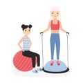 Smiling mother and daughter performing aerobics exercises with gym balls. Happy mom and child during fitness training Royalty Free Stock Photo