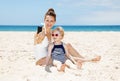 Smiling mother and daughter taking selfies with camera at beach Royalty Free Stock Photo