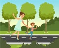 Smiling mother with her son roller skating in summer park outside, family leisure vector illustration