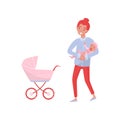 Smiling mother holding infant daughter in hands. Young mom, newborn kid and pink baby carriage. Motherhood theme. Flat Royalty Free Stock Photo