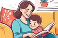 Smiling mother reading book to child,mother and son reading book,family sitting on sofa