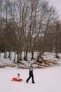 Smiling mother rolls a small child in a sled across a snowy plain. Side view