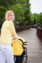 Smiling mother strolling a baby in carriage