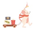 Smiling Mouse as New Year Character in Warm Scarf Pulling Trolley with Wrapped Gift Boxes Vector Illustration