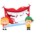 Smiling mouth, kids holding a toothbrush and brushing teeth. Vector Illustration