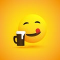 Smiling, Mouth Licking Emoji Enjoying the Taste of the Frothy Drink - Simple Shiny Happy Emoticon with Beer Mug Royalty Free Stock Photo