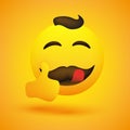 Smiling, Mouth Licking Male Emoji with Mustache and Hair Showing Thumbs Up - Simple Happy Emoticon on Yellow Background Royalty Free Stock Photo