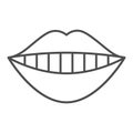 Smiling mouth thin line icon. Lips and teeth, dental smile with white tooth symbol, outline style pictogram on white