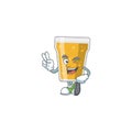 Smiling mug of beer cartoon mascot style with two fingers Royalty Free Stock Photo