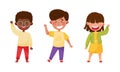 Smiling multiracial children waving their hands set cartoon vector illustration