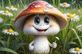 smiling mushroom character with cap dotted with lighter spots, standing in grassy field, expressive cartoon
