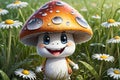 smiling mushroom character with cap dotted with lighter spots, standing in grassy field, expressive cartoon
