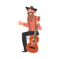 Smiling Musician Character with Guitar Giving Interview Cartoon Style Vector Illustration