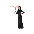 Smiling Muslim business woman pointing at growth graph. Young girl in traditional long black dress and hijab. Flat