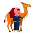 smiling muslim girl teen walking with camel in desert cartoon vector Royalty Free Stock Photo