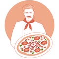Smiling mustachioed cook with a bandana around his neck carrying a caprese pizza