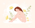 Smiling naked woman sitting and hugging her knees on floral background. Vector illustration in flat cartoon style