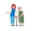 smiling nurse leads a grandfather in a walker isolated Royalty Free Stock Photo