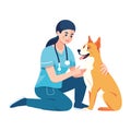 Smiling nurse sitting with purebred dog patient