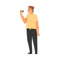 Smiling Obesity Man Taking Selfie Photo, Smiling Male Character Photographing Himself with Smartphone Cartoon Vector