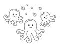 Smiling octopuses with sparkling bubbles monochromatic flat vector characters