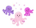 Smiling octopuses with sparkling bubbles semi flat color vector characters