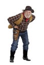 Smiling old cowboy stands leaning forward