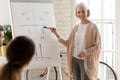Smiling old female coach pointing on whiteboard give business presentation