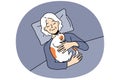 Smiling old woman lying in bed with cat on chest Royalty Free Stock Photo