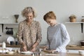 Smiling older and younger women cooking together in the kitchen Royalty Free Stock Photo