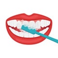 Smiling open mouth. Brushing your teeth with a toothbrush. Beautiful even white teeth and plump female lips. Oral hygiene and care